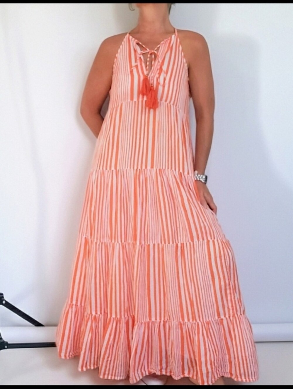 Oliphant Orange and White Striped Maxi Dress Cotton Size M